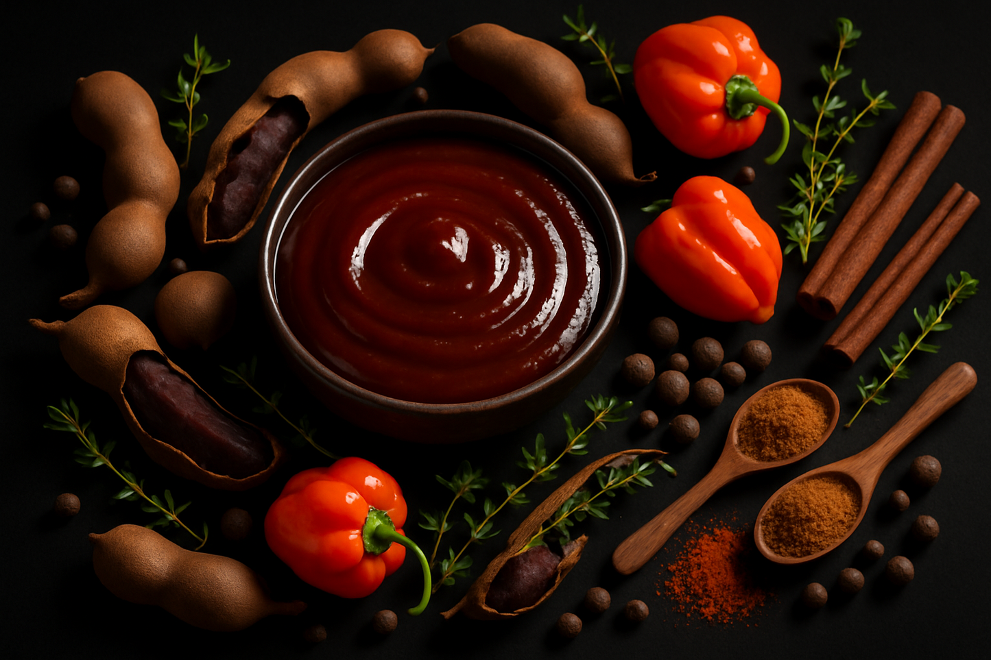 barbecue sauce with tamarind around it and jerk spice with a black background