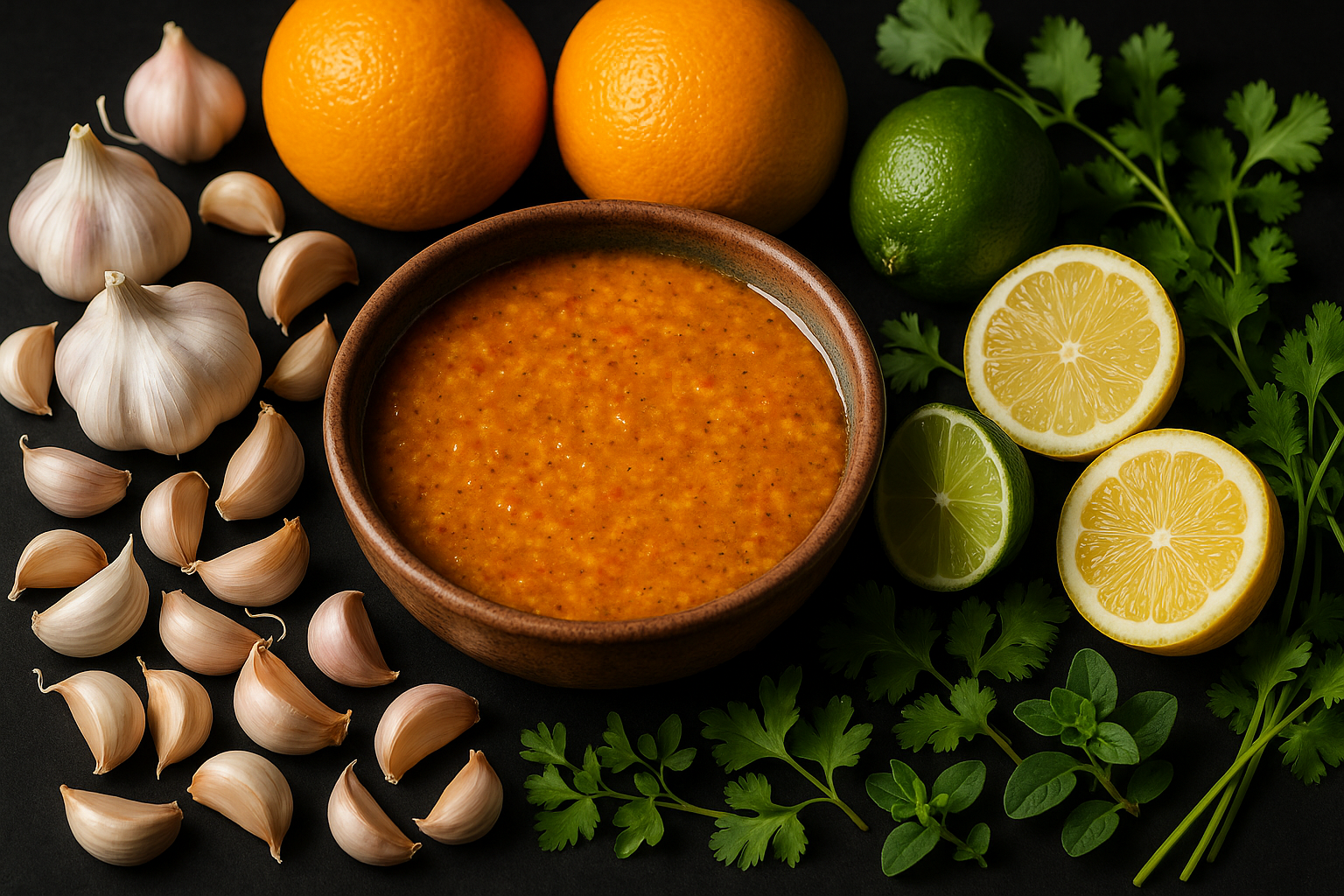Mojo in a opened bowl (light orange color, golden) with lots of garlic, oranges, lime, and lemons and herbs around it. with a black background